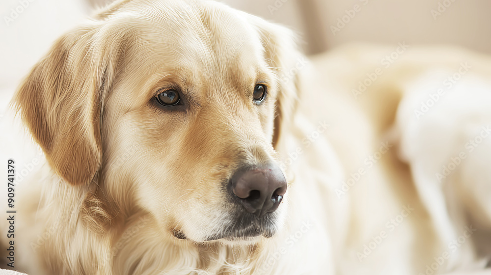 Golden Retriever relaxing on bed, close-up of dog face, indoor pet portrait, canine resting in home, comfortable and calm pet, dog concept Golden Retriever relaxing on bed, close-up of dog face, indoor pet portrait, canine resting in home, comfortable and calm pet, dog concept
