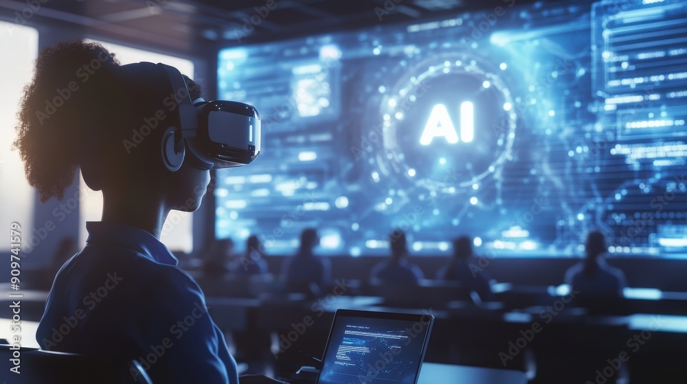 Students engage in an interactive virtual reality classroom, exploring concepts of artificial intelligence through immersive technology Students engage in an interactive virtual reality classroom, exploring concepts of artificial intelligence through immersive technology