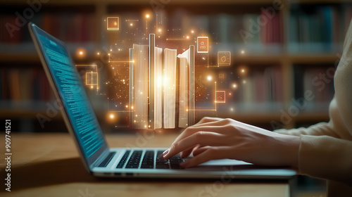 E-library concept. Person use laptop with virtual E-book for electronic books online, knowledge base on internet, digital library or e-library