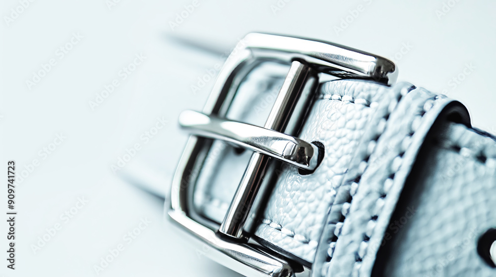 Closeup of sleek, modern, white leather belt with shiny, chrome buckle showing finely detailed texture, fashion accessory concept Closeup of sleek, modern, white leather belt with shiny, chrome buckle showing finely detailed texture, fashion accessory concept