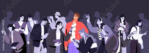 Concept of offline vs. online life. Smartphone addicted people surfing internet banner. Crowd with obsession of phones, social networks, media. Slavery of gadgets, telephones. Flat vector illustration