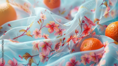 A stunning high-definition image featuring a pastel-colored scarf with floral and fruity prints, adding a touch of elegance to any outfit. photo