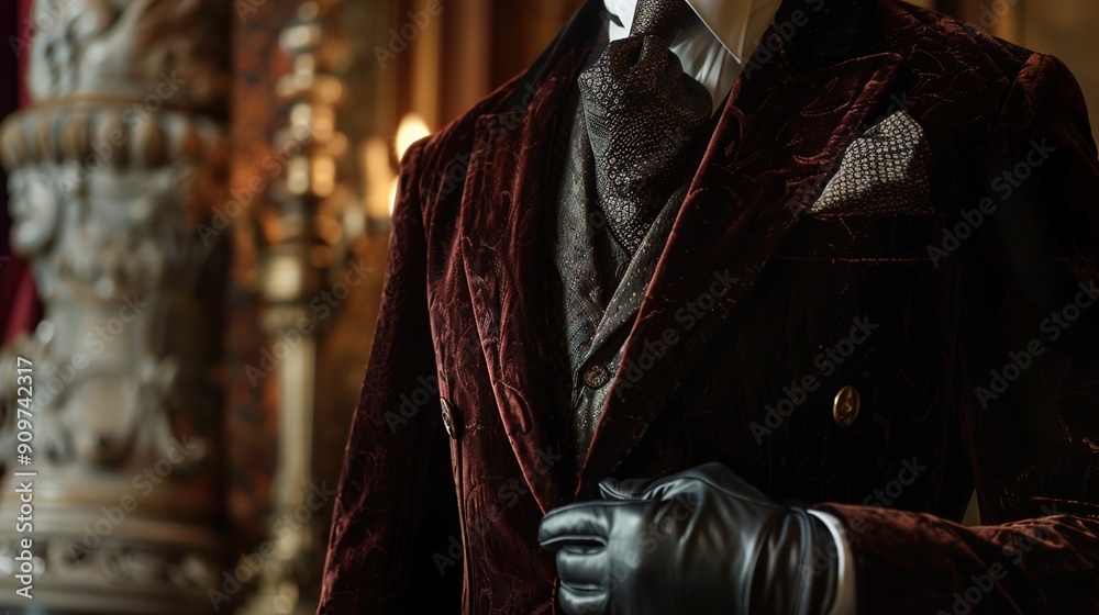 A stunning high-definition image capturing the old money aesthetic in men's wear, featuring a velvet smoking jacket, a cravat, and leather gloves. A stunning high-definition image capturing the old money aesthetic in men's wear, featuring a velvet smoking jacket, a cravat, and leather gloves.