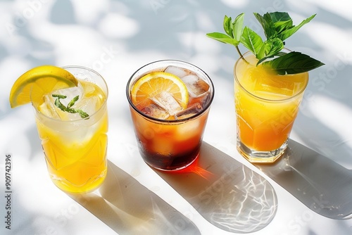 summer refreshment trio artfully arranged cocktails zesty lemonade and iced coffee on bright white surface photo