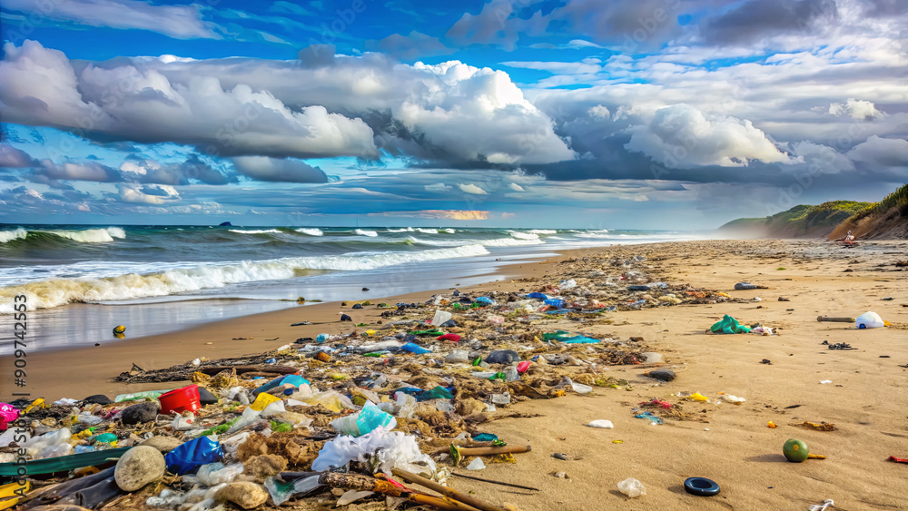 A coastline covered in trash and debris highlights the environmental effects of war, showcasing the aftermath on marine ecosystems and local communities A coastline covered in trash and debris highlights the environmental effects of war, showcasing the aftermath on marine ecosystems and local communities