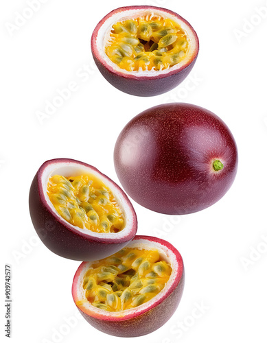 High-quality image of whole and sliced passionfruit displaying juicy interior. Perfect for culinary, health, and tropical theme projects. photo