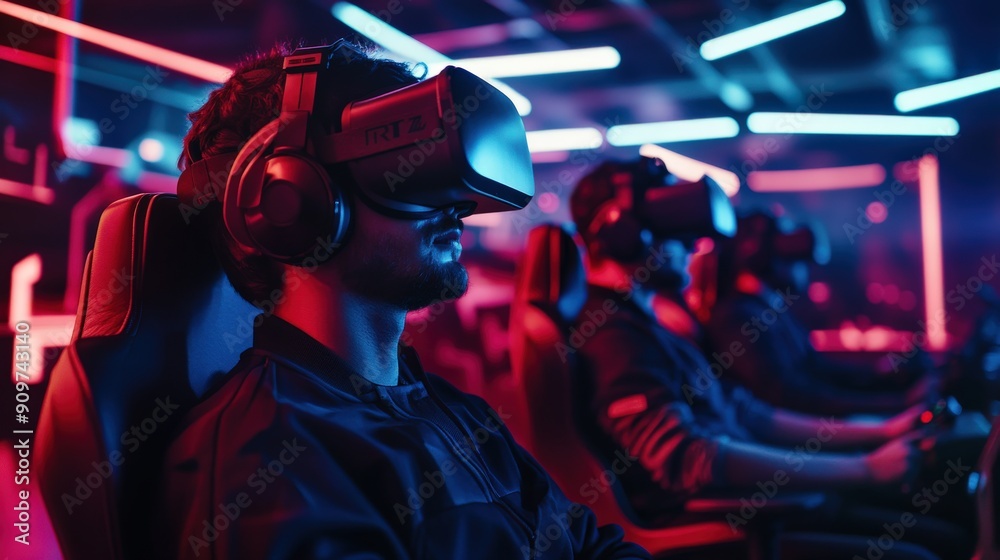 Players immerse themselves in a vibrant virtual reality arena, focused on their games amid colorful lighting and intense competition Players immerse themselves in a vibrant virtual reality arena, focused on their games amid colorful lighting and intense competition