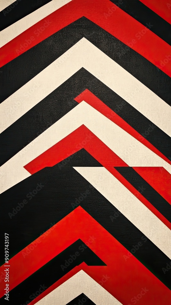 An abstract pattern featuring bold red, black, and white chevrons, ideal for design, art, or background purposes. An abstract pattern featuring bold red, black, and white chevrons, ideal for design, art, or background purposes.