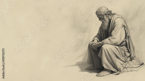 Biblical Illustration of Moses Kneeling in Prayer, Asking God to Help Israelites Remain Faithful and Obedient, Deuteronomy, Exhortation to Obedience, Bible Wall Art on Beige Background