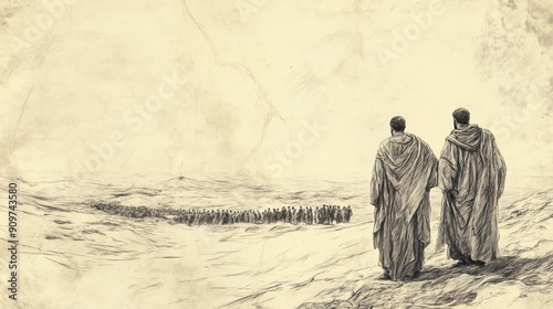 Moses Standing Alone: Deuteronomy's A Nation's Rebellion. Biblical illustration on a beige background, depicting Moses looking at rebellious Israelites from a distance.