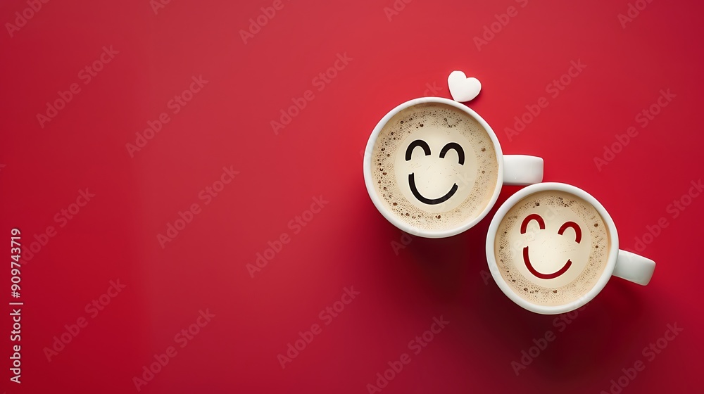 Happy loving couple of emoticons drawn on coffee cups hugging on a red background Happy loving couple of emoticons drawn on coffee cups hugging on a red background