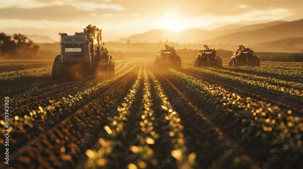 Tractors equipped with AI technology work diligently across fields, enhancing crop growth as the sun sets, casting a warm glow over the landscape Tractors equipped with AI technology work diligently across fields, enhancing crop growth as the sun sets, casting a warm glow over the landscape