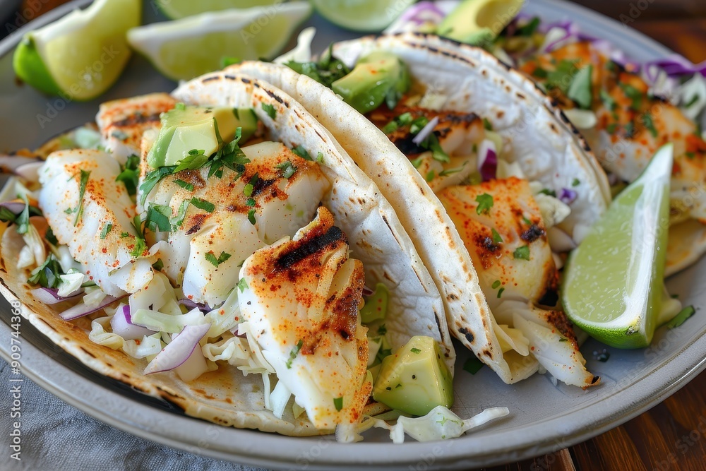 A plate of fish tacos, featuring grilled white fish, topped with cabbage slaw, avocado, and a drizzle of lime crema, served with lime wedges. A plate of fish tacos, featuring grilled white fish, topped with cabbage slaw, avocado, and a drizzle of lime crema, served with lime wedges.