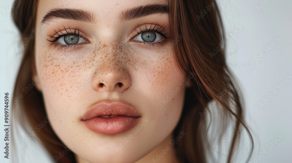 Φωτογραφία Front view of young beauty Ukrainian woman face with brown hair, black eyes and