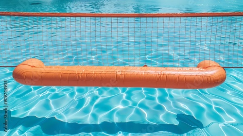Inflatable beach float set volleyball net over swimming pool near seaside