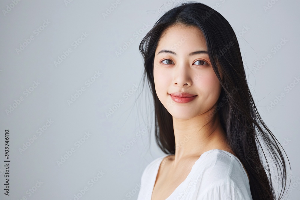 Young pretty woman with smile facial features looks in front of her on a solid color background, half body photo, copy space for text Young pretty woman with smile facial features looks in front of her on a solid color background, half body photo, copy space for text