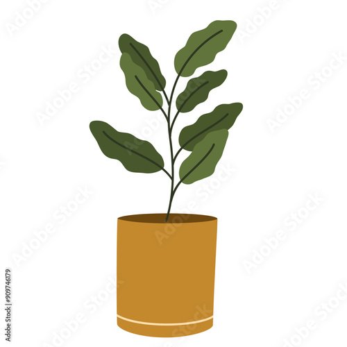 Leaf plant growing in pot. Foliage houseplant in planter. Modern green home decoration. Indoor decor in flowerpot for house and office. Flat vector illustration isolated on white background