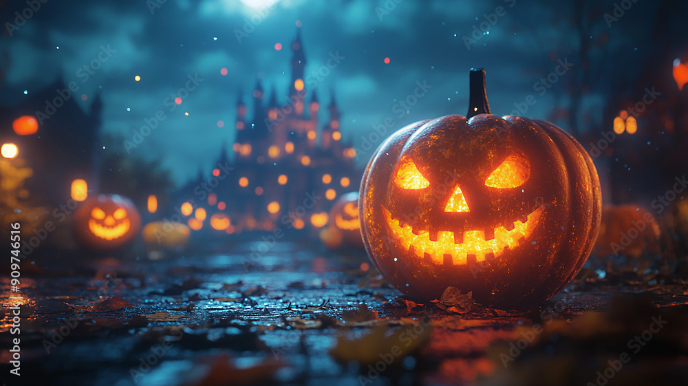 Pumpkins and ghost balloons under moonlight, castle in the background, Halloween sale promotion, product display stage Pumpkins and ghost balloons under moonlight, castle in the background, Halloween sale promotion, product display stage