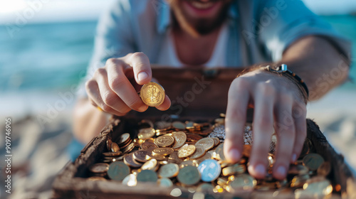 Businessman finding treasure chest filled with gold coins photo