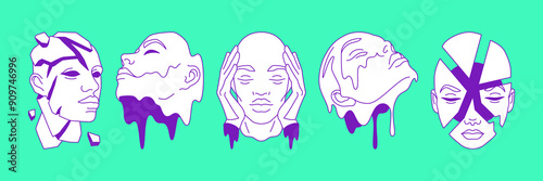 Y2k science fiction melting section faces psychedelic outline vector illustrations set. Futuristic abstract person heads hallucinogen surreal concepts elements for stickers, prints and t-shirt designs