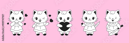 Y2k Kawaii little cats toys neo gothic pop art concept outline vector illustrations set. Comic baby kitty kitten cartoon characters graphic elements for sticker, print and t-shirt design