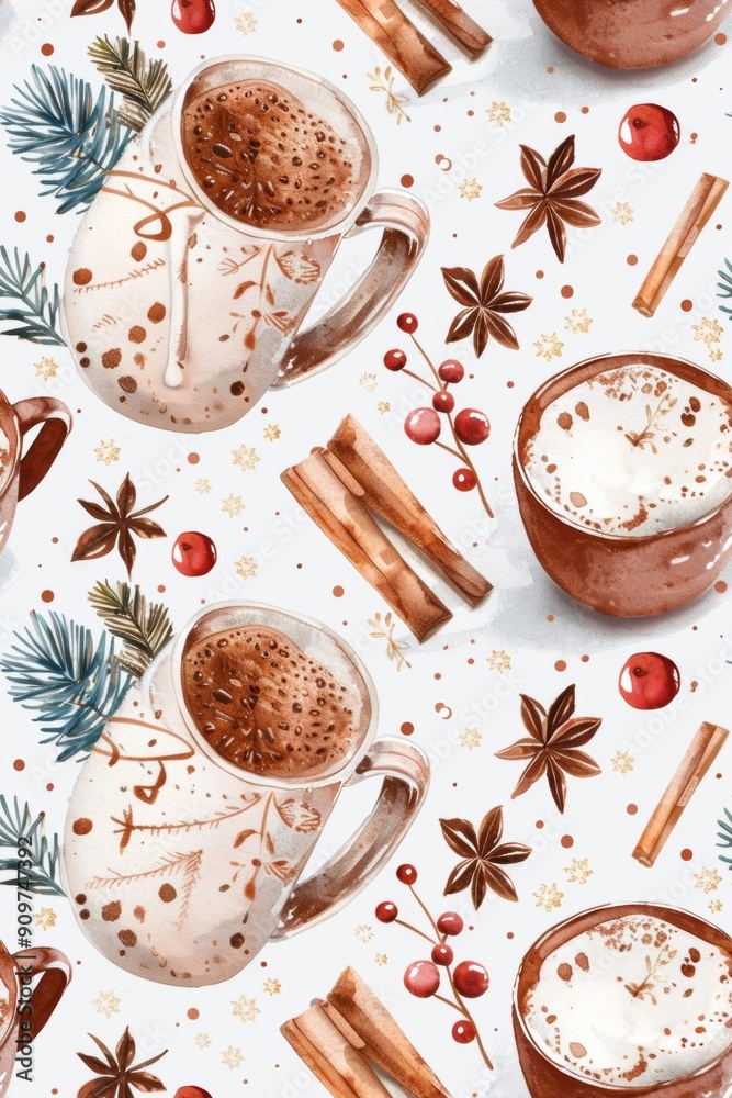 A seamless watercolor pattern evoking a cozy winter scene with warm sweaters and hot cocoa A seamless watercolor pattern evoking a cozy winter scene with warm sweaters and hot cocoa