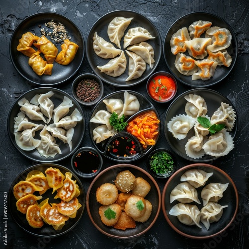 Cooking Dumplings Various Types, Oriental Ravioli, Gyoza, Dim Sum, Jiaozi, Fried and Boiled Pelmeni photo