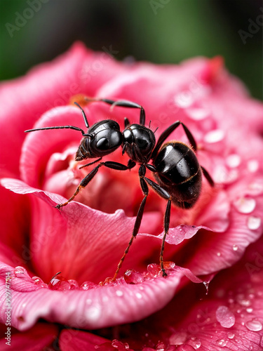 Ants on a pink rose with water droplets.