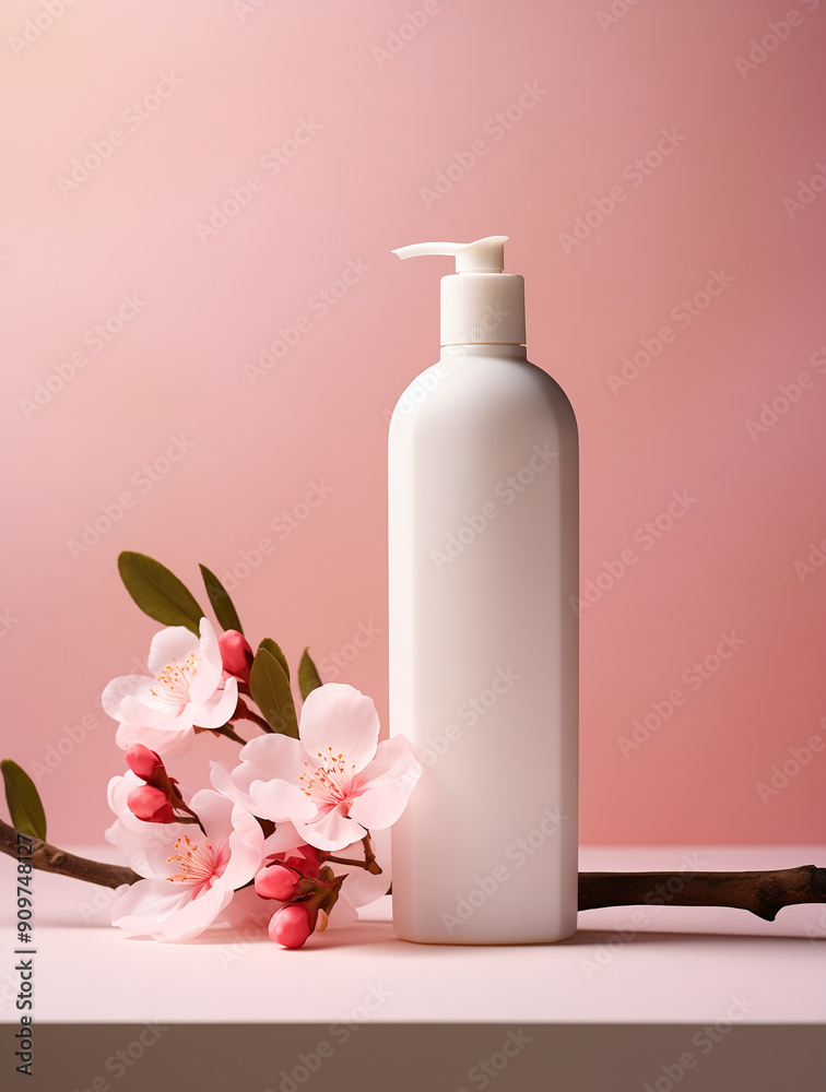 mockup. The background is pink, surrounded petals and peach blossoms. The shampoo bottle stands in the center of the picture with an empty white label on it. It has a minimalist style mockup. The background is pink, surrounded petals and peach blossoms. The shampoo bottle stands in the center of the picture with an empty white label on it. It has a minimalist style