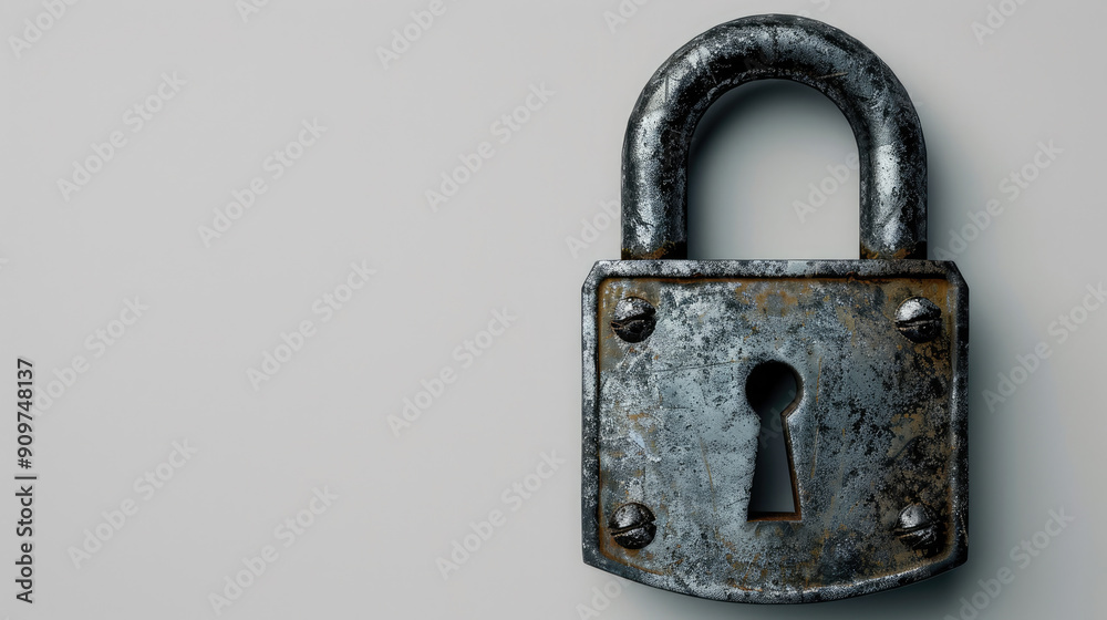 Detailed rusty antique metal key padlock on white background Detailed rusty antique metal key padlock on white background