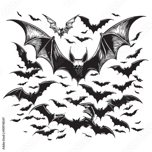 Bats swarm in flight, creating a spooky Halloween scene with detailed foreground and ominous silhouettes in the background.