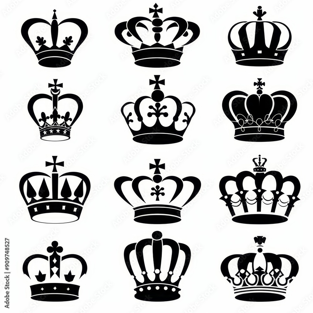 Crown icon, king symbol, princess black sign, queen, royal emblem, royalty, minimal crown logo isolated