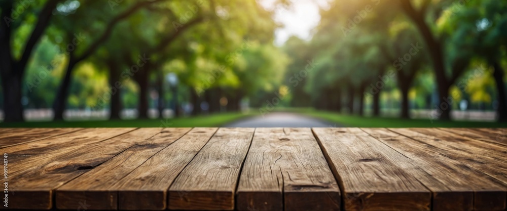 Empty wood plank table top with blur park green nature background bokeh light, Mock up for display or montage of product, Banner or header for advertising on social media,. Empty wood plank table top with blur park green nature background bokeh light, Mock up for display or montage of product, Banner or header for advertising on social media,.