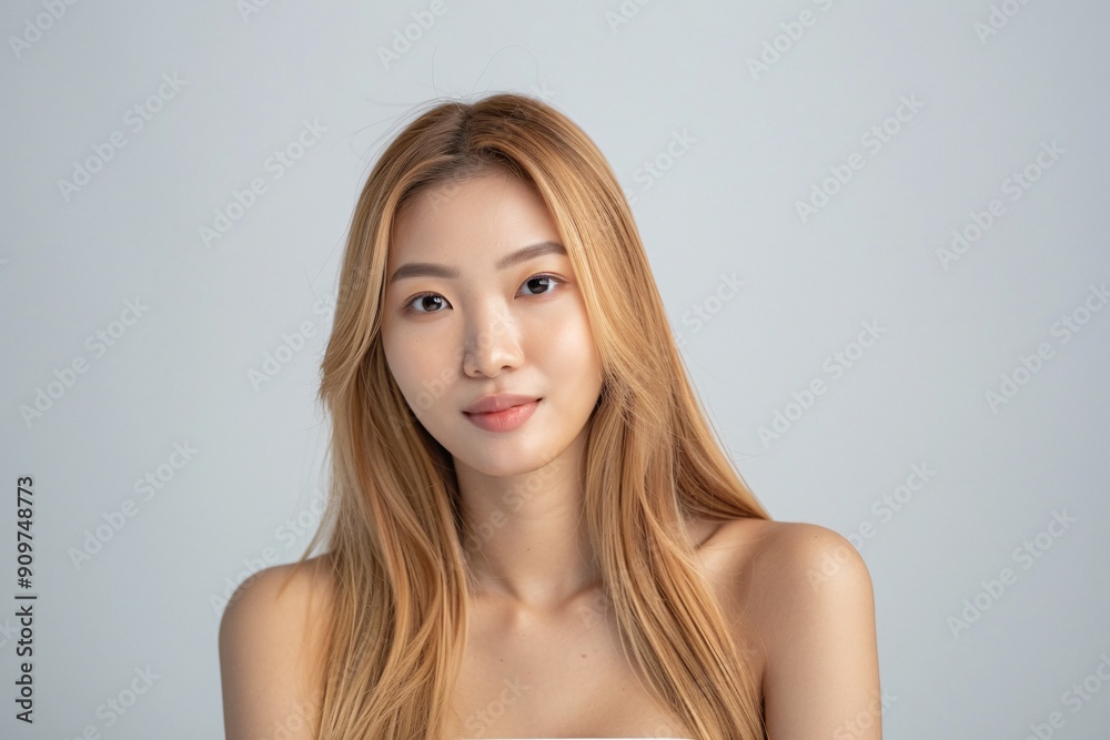 Young pretty woman with smile facial features and blonde hair looks in front of her on a solid color background, half body photo, copy space for text Young pretty woman with smile facial features and blonde hair looks in front of her on a solid color background, half body photo, copy space for text