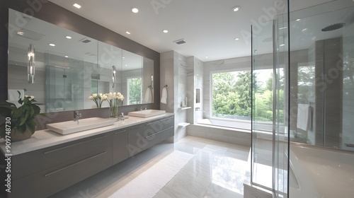 luxurious bathroom Modern Minimalist  Features  Clean lines  uncluttered spaces  and a monochromatic color scheme. Key Elements  Floating vanities  frameless glass showers  and wall-mounted fixtures. 