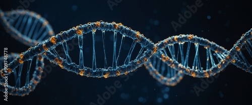 Luminous DNA strands on a dark blue background.