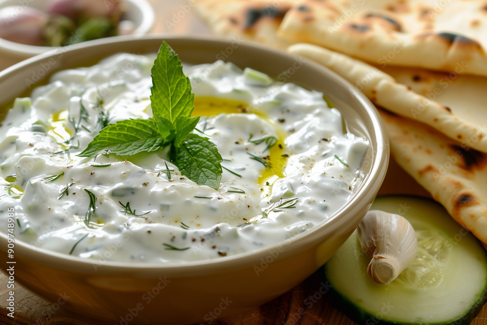 Traditional Greek Tzatziki dip sauce made with cucumber Traditional Greek Tzatziki dip sauce made with cucumber