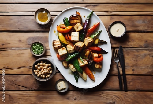 soybean vegetables plate Overhead wooden tofu roast healthy grilled view table curd Food Dish Meal Top Vegetarian Salad Vegetable Above Aerial From Down Broccoli Vegg photo