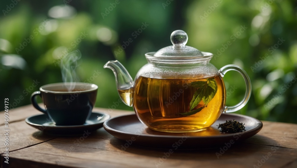 glass cup and teapot with tea on wooden table with green blurred background. glass cup and teapot with tea on wooden table with green blurred background.