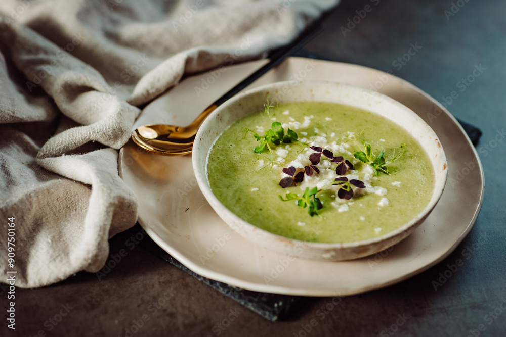 Delicios green soup decorated with micro vegetable on a wooden table. Delicios green soup decorated with micro vegetable on a wooden table.