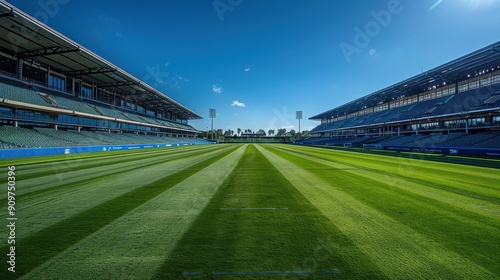 A perfectly manicured green field with stadium seating on either side