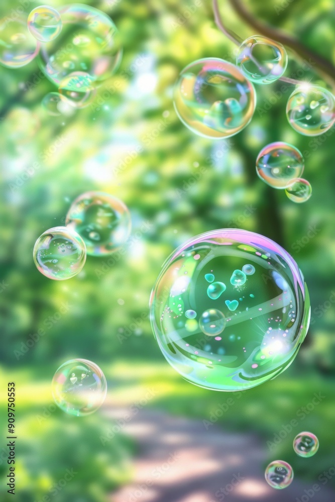 Iridescent bubbles float in a sunlit, lush green forest, capturing a magical and playful moment in nature Iridescent bubbles float in a sunlit, lush green forest, capturing a magical and playful moment in nature
