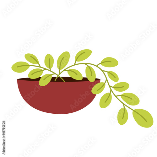 Green leaf plant in pot. Houseplant growing in flowerpot, string of pearls. Indoor greenery, leaves decoration. Home interior vegetation. Flat vector illustration isolated on white background