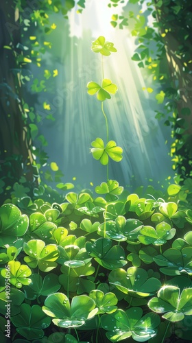 Four-leaf clover glowing in sunlight among green foliage.
 photo