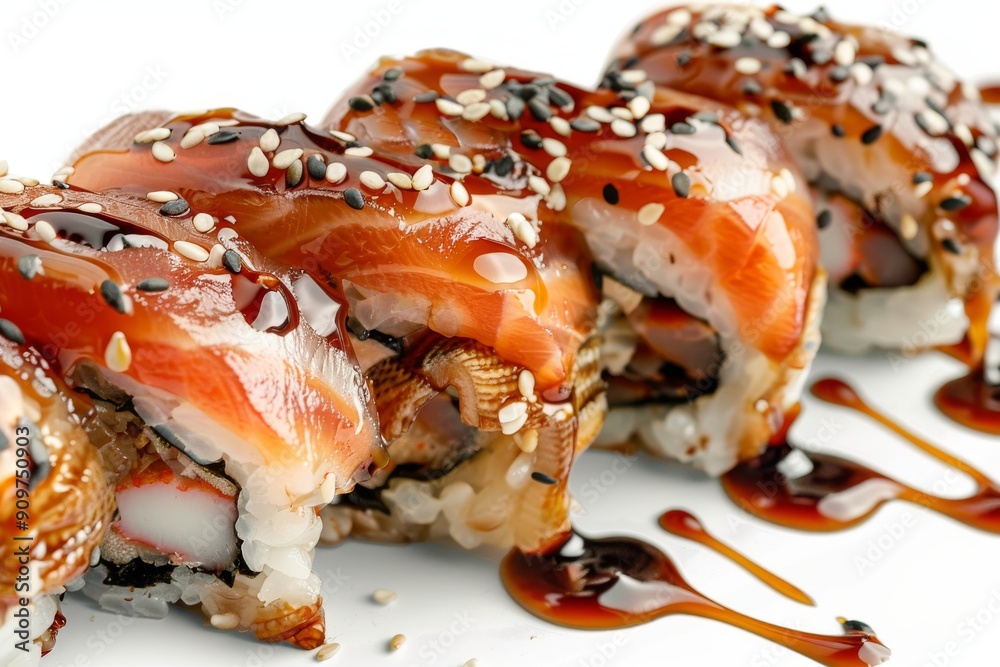 Salmon Eel Sushi Roll Isolated, Unagi Sake, Brown Sauce, Sesame. Nori Maki, Norimaki, Futomaki Salmon Eel Sushi Roll Isolated, Unagi Sake, Brown Sauce, Sesame. Nori Maki, Norimaki, Futomaki
