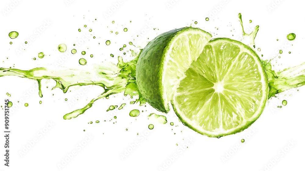 Vivid and refreshing lime juice splash captured with a watercolor inspired effect set against a clean white backdrop This image evokes a sense of freshness energy and natural vitality Vivid and refreshing lime juice splash captured with a watercolor inspired effect set against a clean white backdrop This image evokes a sense of freshness energy and natural vitality