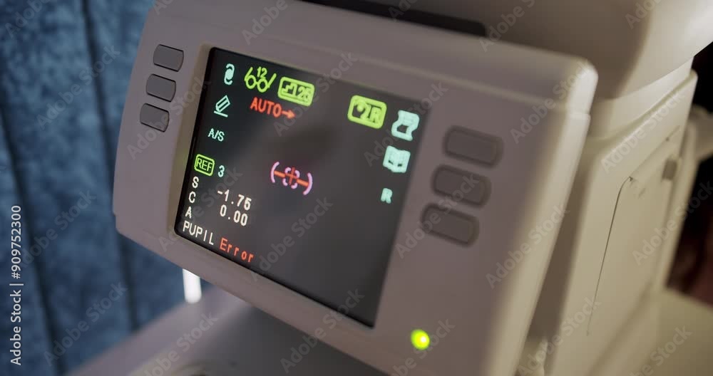A close-up view of an advanced eye diagnostic machine during an examination. Display shows various metrics like pupil error and auto-settings. View of Eye Diagnostic Equipment Displayed in Use A close-up view of an advanced eye diagnostic machine during an examination. Display shows various metrics like pupil error and auto-settings. View of Eye Diagnostic Equipment Displayed in Use