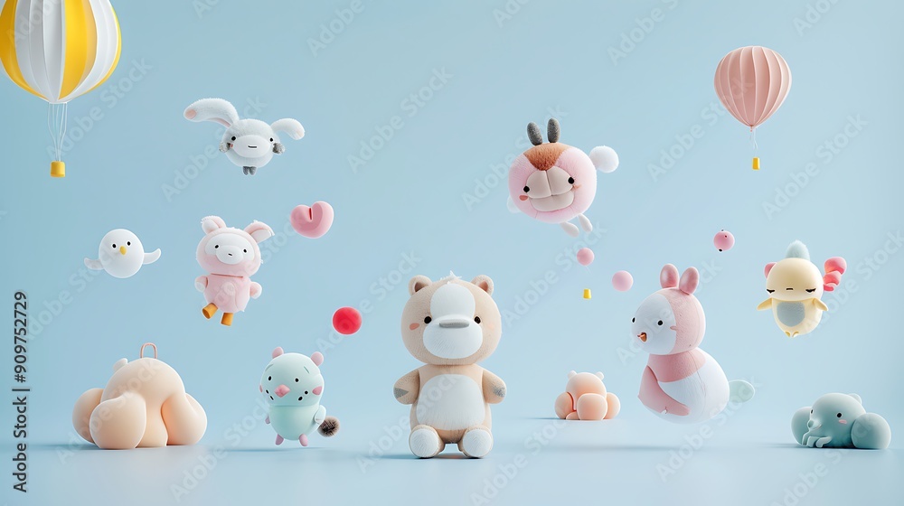 Playful Plush Toys Floating in a Blue Sky Playful Plush Toys Floating in a Blue Sky