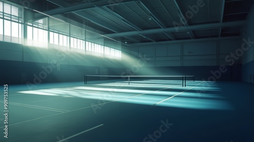 Empty Badminton Arena: Serene and Anticipatory Atmosphere. Badminton Court under spotlights with blurry background.