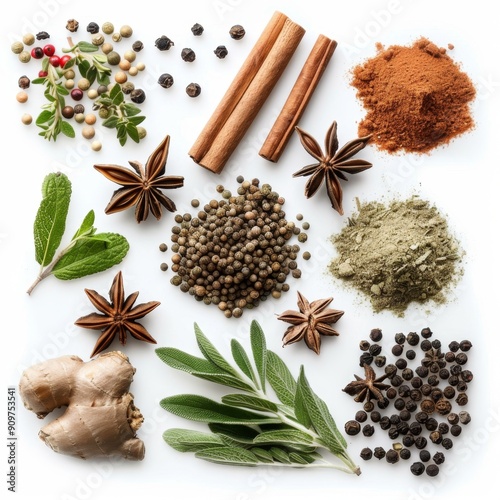 Fresh spices and herbs set, pepper piles collection, aromatic plants, seasonal food collection, various spices